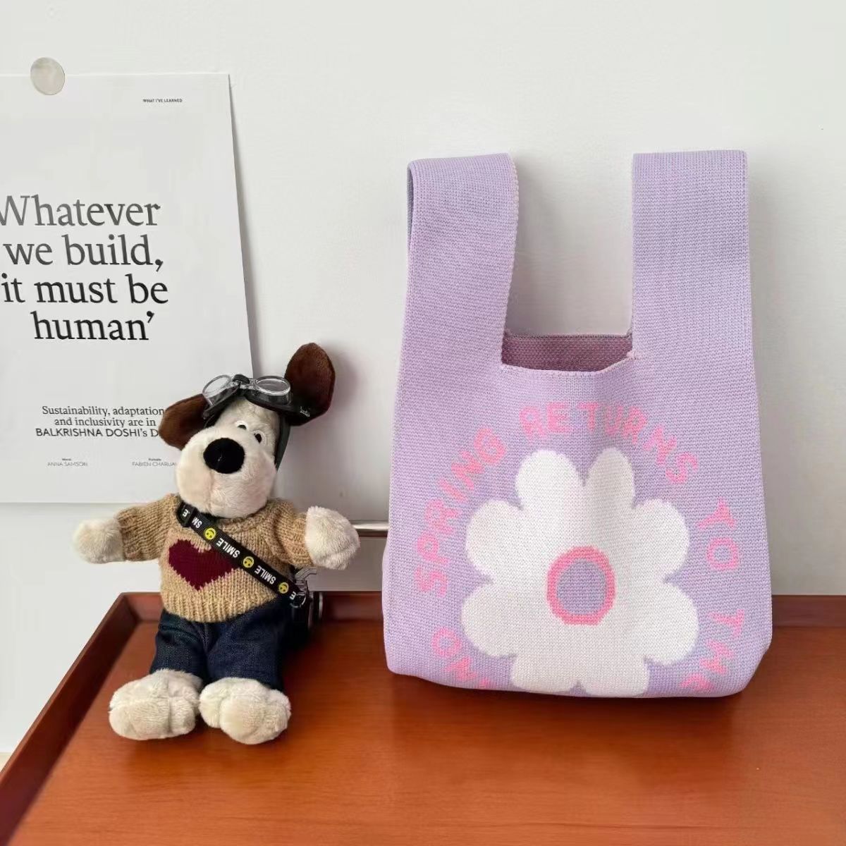 Knitted Tote Bag with Floral Design