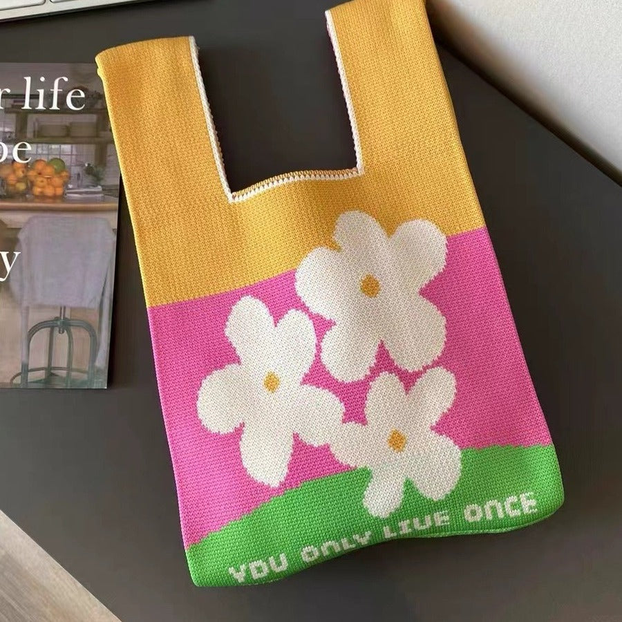 Knitted Tote Bag with Floral Design