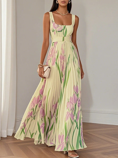 Floral Print Pleated Square Neck Dress