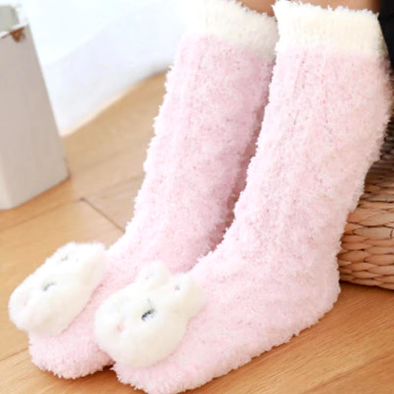 Winter Slipper Socks Fluffy Cartoon Warm Socks with Decors Elastic Home Socks for Living Room Bedroom Kids Room 0-5 Years Old