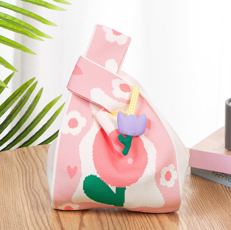 Knitted Tote Bag with Floral Design