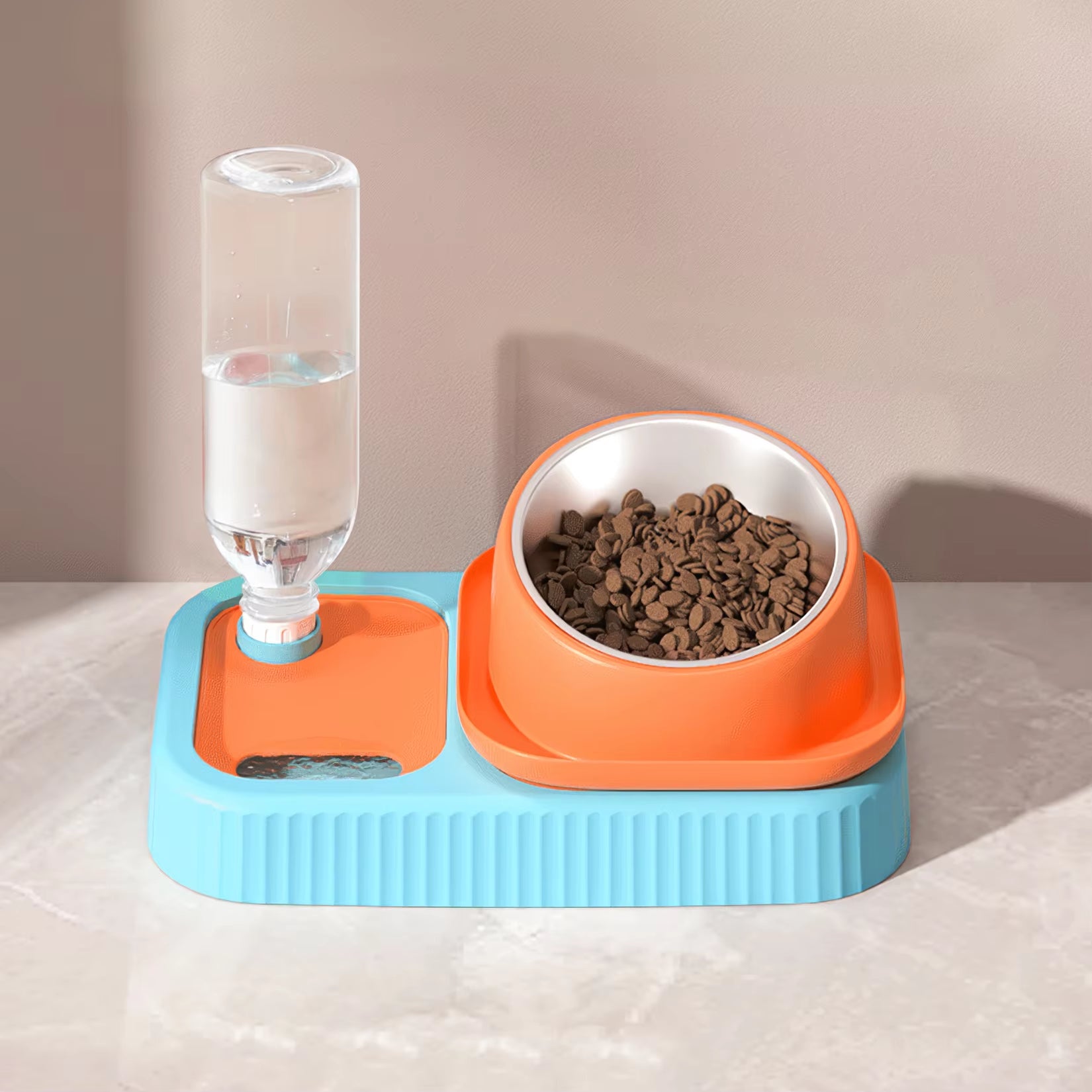 3 in 1 Dog Cat Water Bowl with Automatic Drinking Bottle Pet Food Container Drinking Dish Slow Feeder 15° Tilted Design