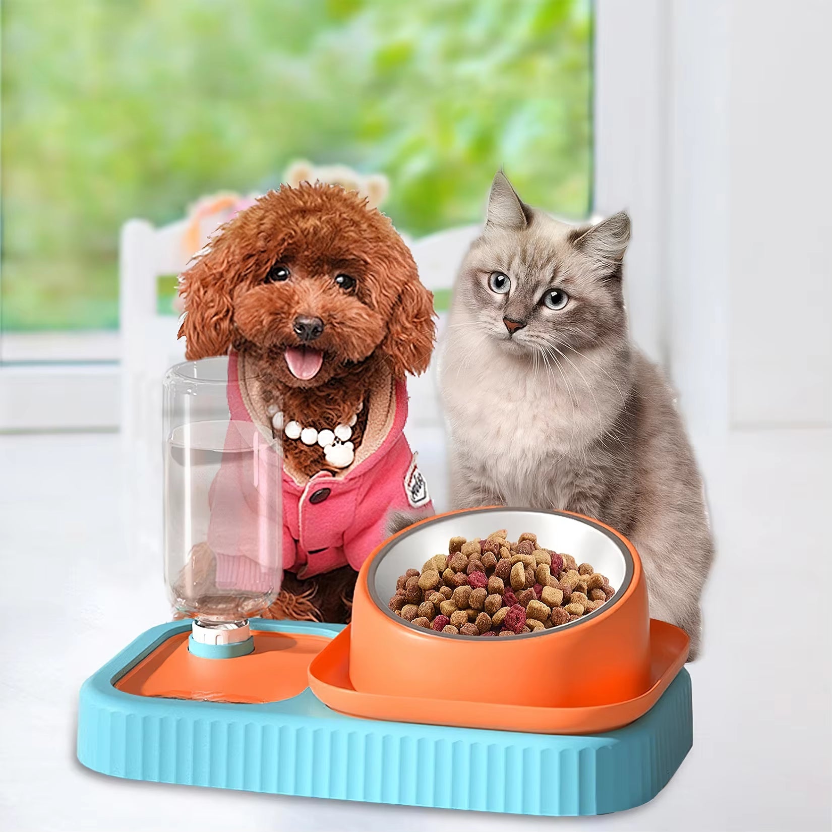 3 in 1 Dog Cat Water Bowl with Automatic Drinking Bottle Pet Food Container Drinking Dish Slow Feeder 15° Tilted Design