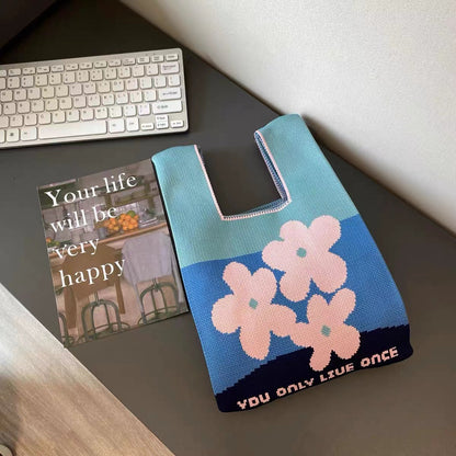 Knitted Tote Bag with Floral Design