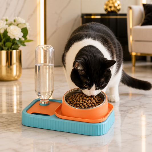 3-in-1 Elevated Pet Bowl | Slow Feeder, Steel Bowl & Auto Water Dispenser