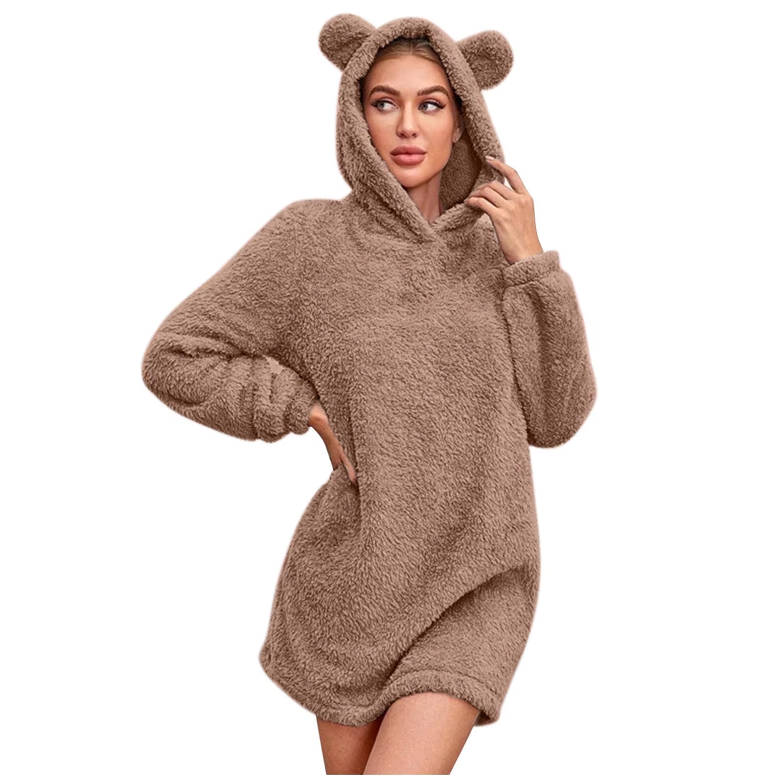 Autumn Winter Hoodies Women Long Sleeve Bear Ear Hood Sweatshirts Plush Warm Sweatshirt Dress for Female Clothing Sudadera Mujer