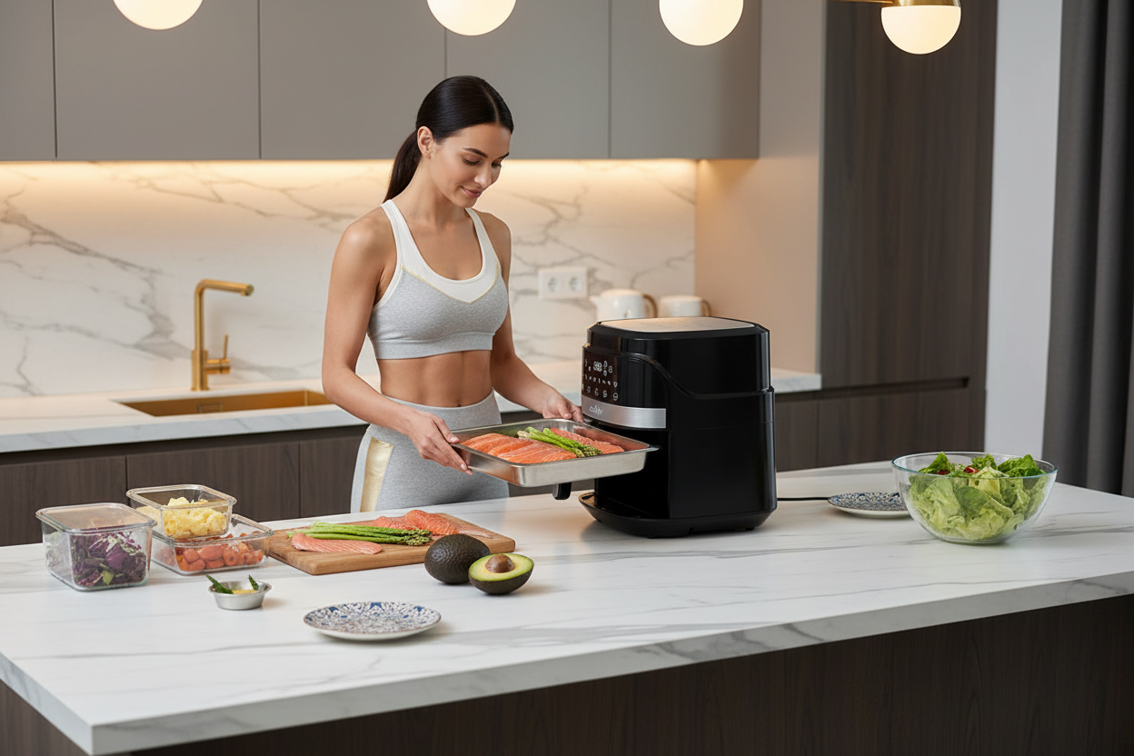 Air fryer healthy meal prep - woman with salmon