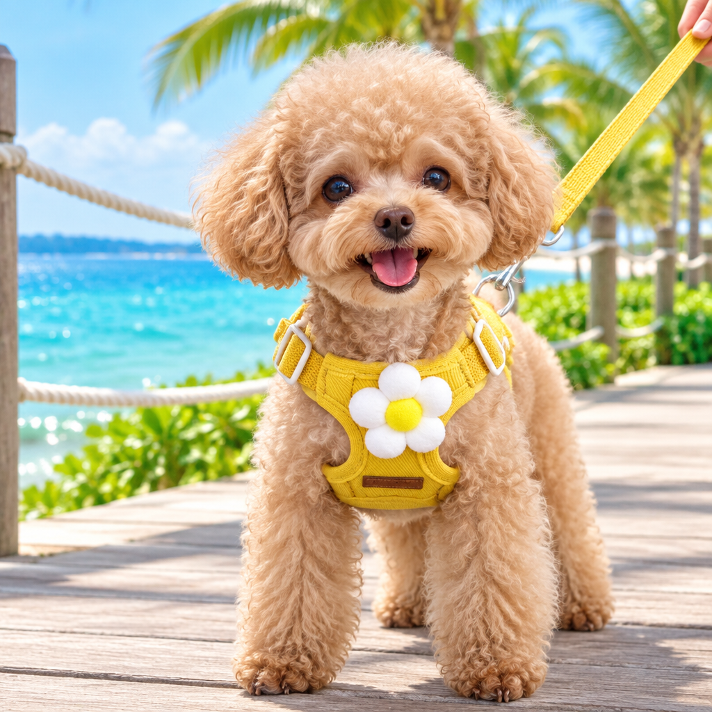 Apricot toy poodle wearing the yellow flower harness on a seaside boardwalk