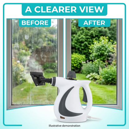Aqua infomercial-style before-and-after window image with the white steam cleaner