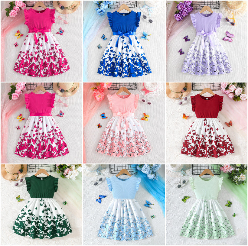 Girls Flutter Sleeve Butterfly Print Dress