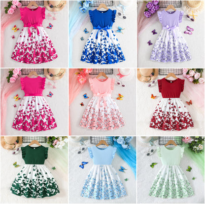 Girls Flutter Sleeve Butterfly Print Dress