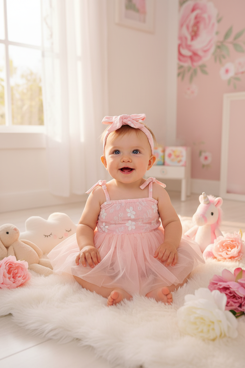 Baby girl in floral mesh romper set with headband in nursery