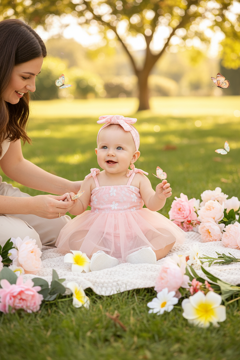 Baby girl in floral romper set outdoors in garden with mother