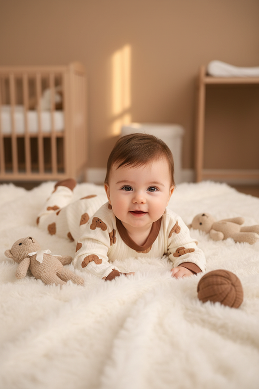 Baby in brown pajamas lifestyle nursery scene
