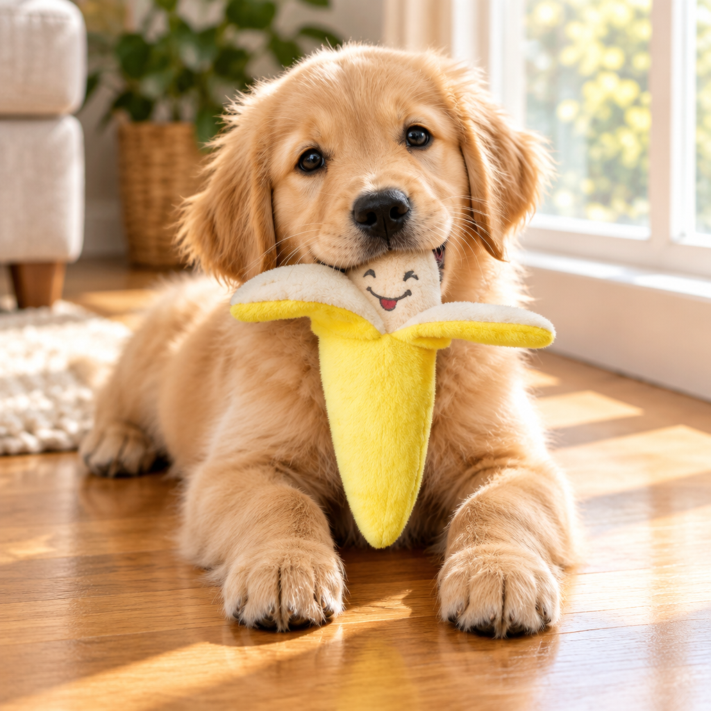 Banana toy with a golden retriever puppy at home