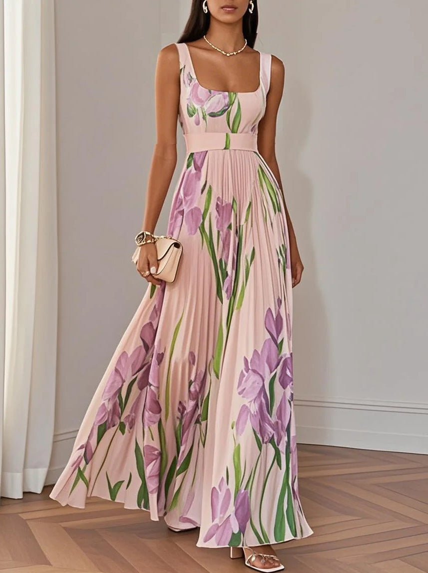 Floral Print Pleated Square Neck Dress