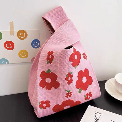 Knitted Tote Bag with Floral Design