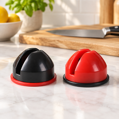 Black and red knife sharpener variants in a kitchen