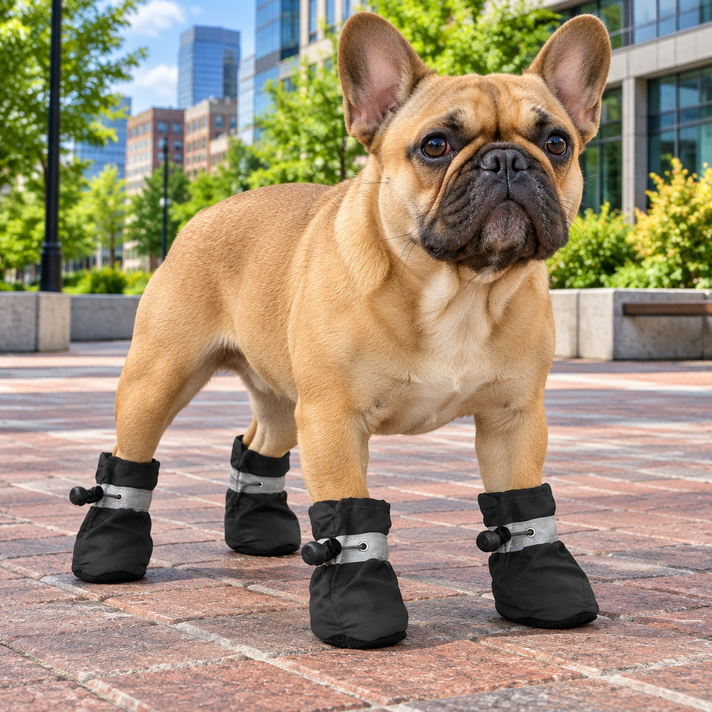 Black boots on a French bulldog in a brick plaza