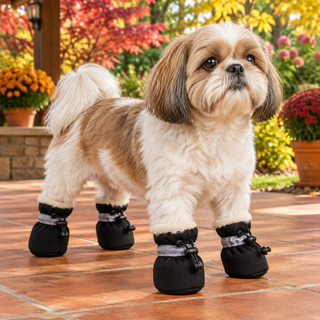 Black plush-lined boots on a Shih Tzu on an autumn patio