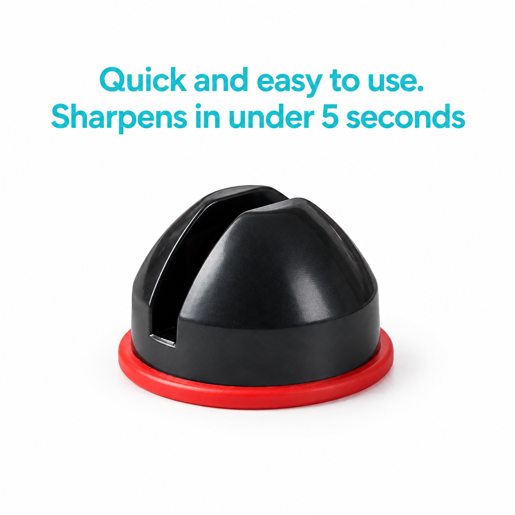 Black sharpener with aqua text “Quick and easy to use. Sharpens in under 5 seconds”