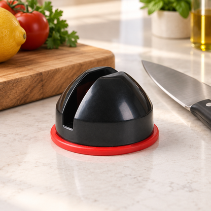 Black sharpener with red base rim in a kitchen