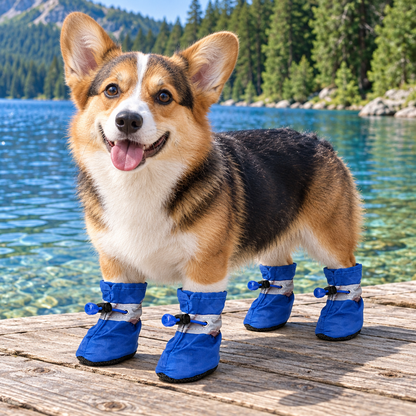 Blue boots on a corgi by a lake