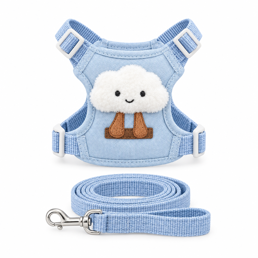 Blue cloud dog harness and matching leash on a white background