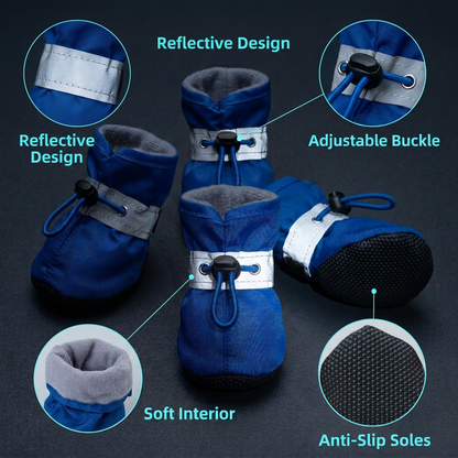 Blue dog shoes with four feature callouts