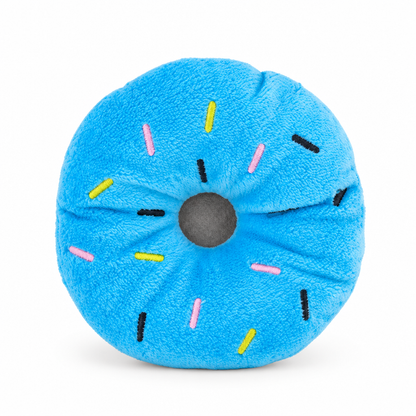 Blue donut plush dog toy on a white background
