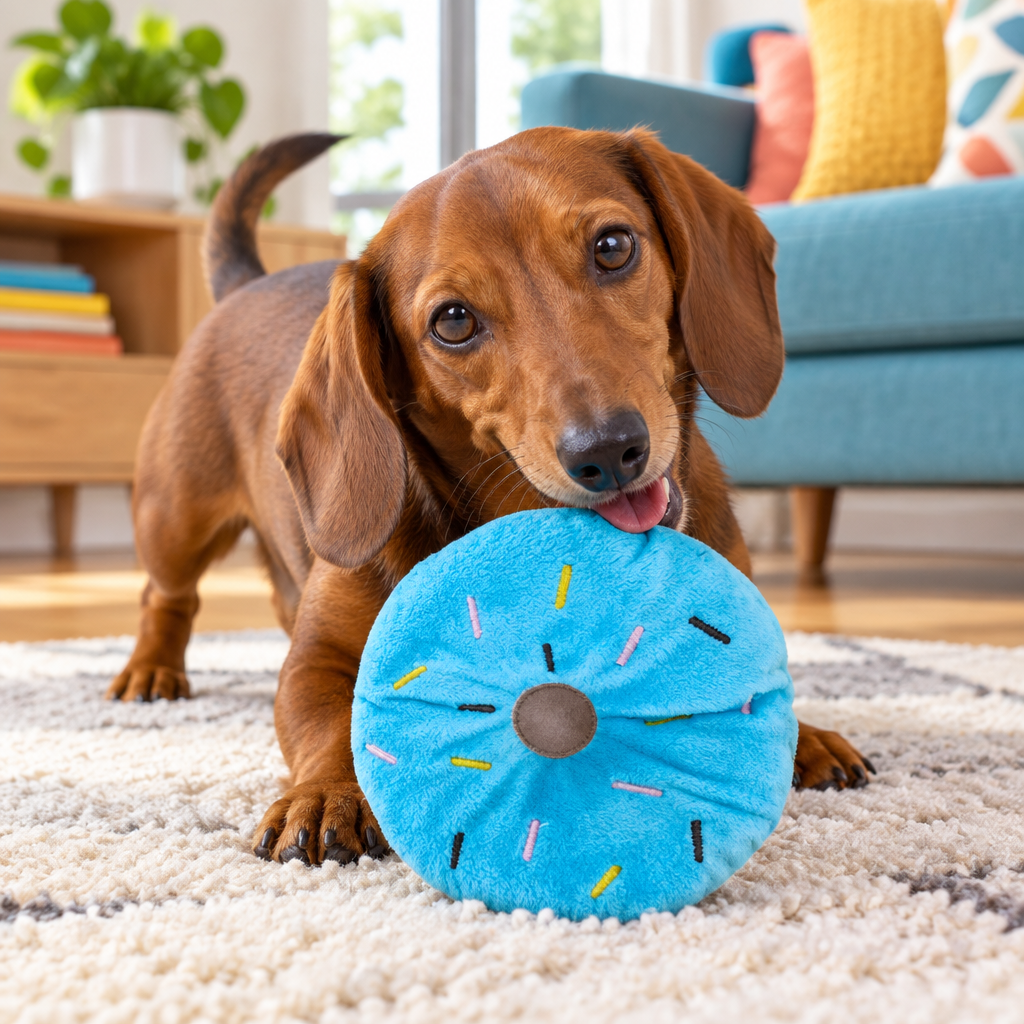 Blue donut toy with a dachshund in a living room