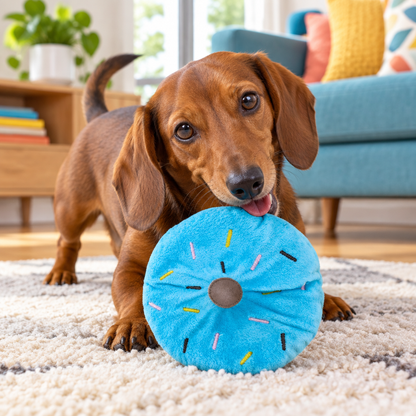 Blue donut toy with a dachshund in a living room
