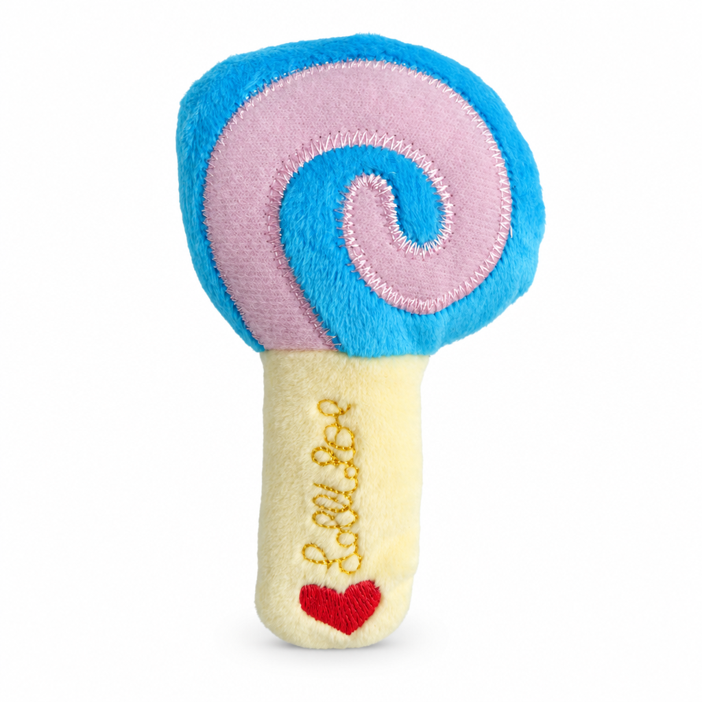 Blue lollipop plush toy on a white background
