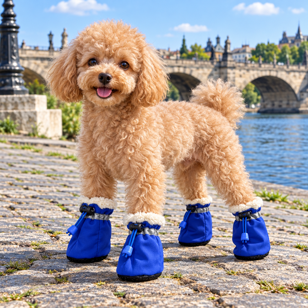 Blue plush-lined boots on a toy poodle beside a river