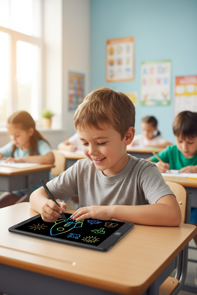 Boy using LCD writing tablet in classroom