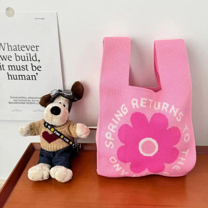 Knitted Tote Bag with Floral Design