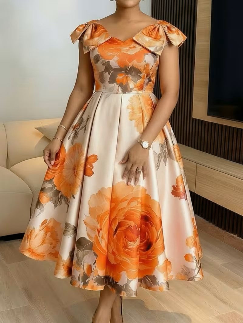 Floral Printed Ruffle Neck A-Line Dress