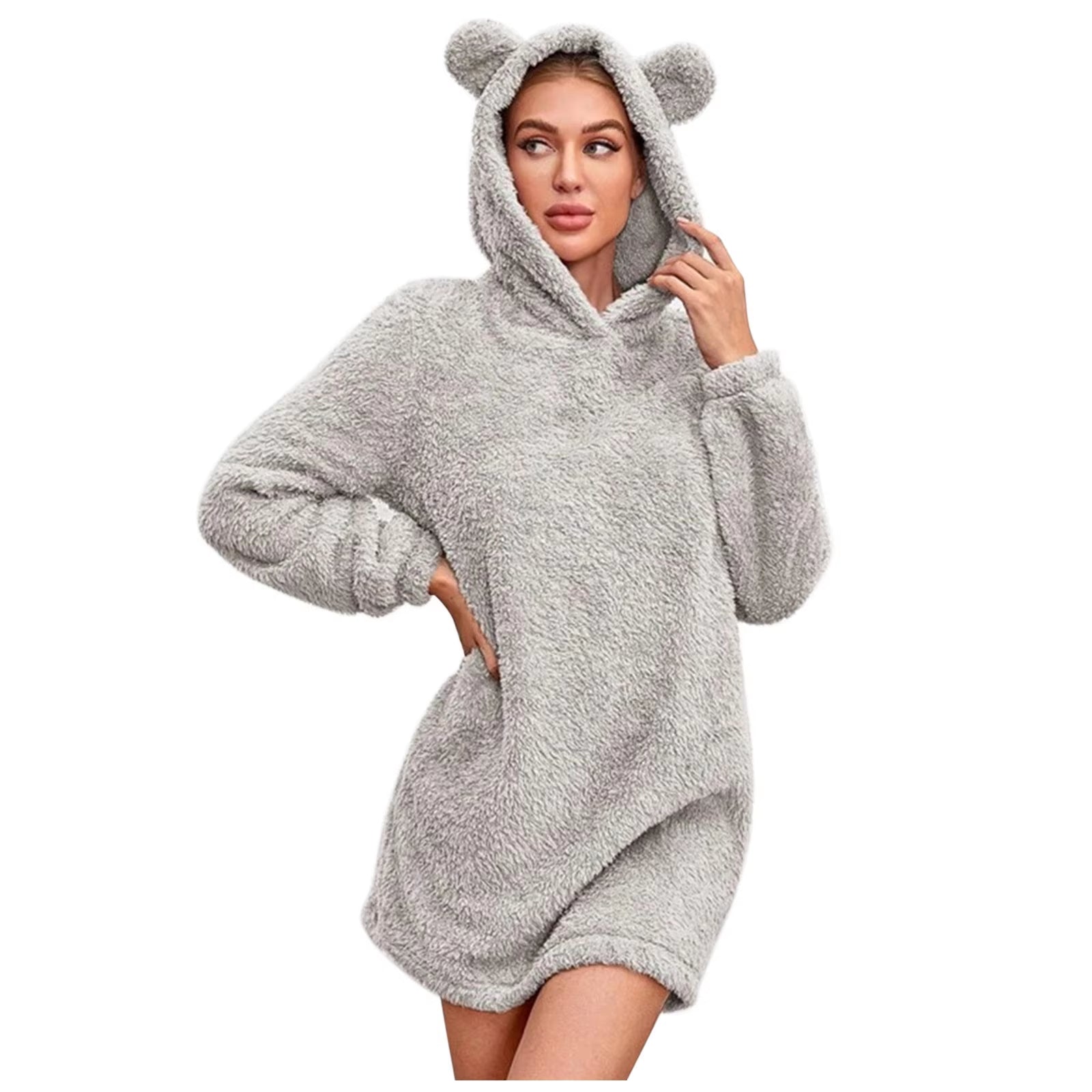 Autumn Winter Hoodies Women Long Sleeve Bear Ear Hood Sweatshirts Plush Warm Sweatshirt Dress for Female Clothing Sudadera Mujer