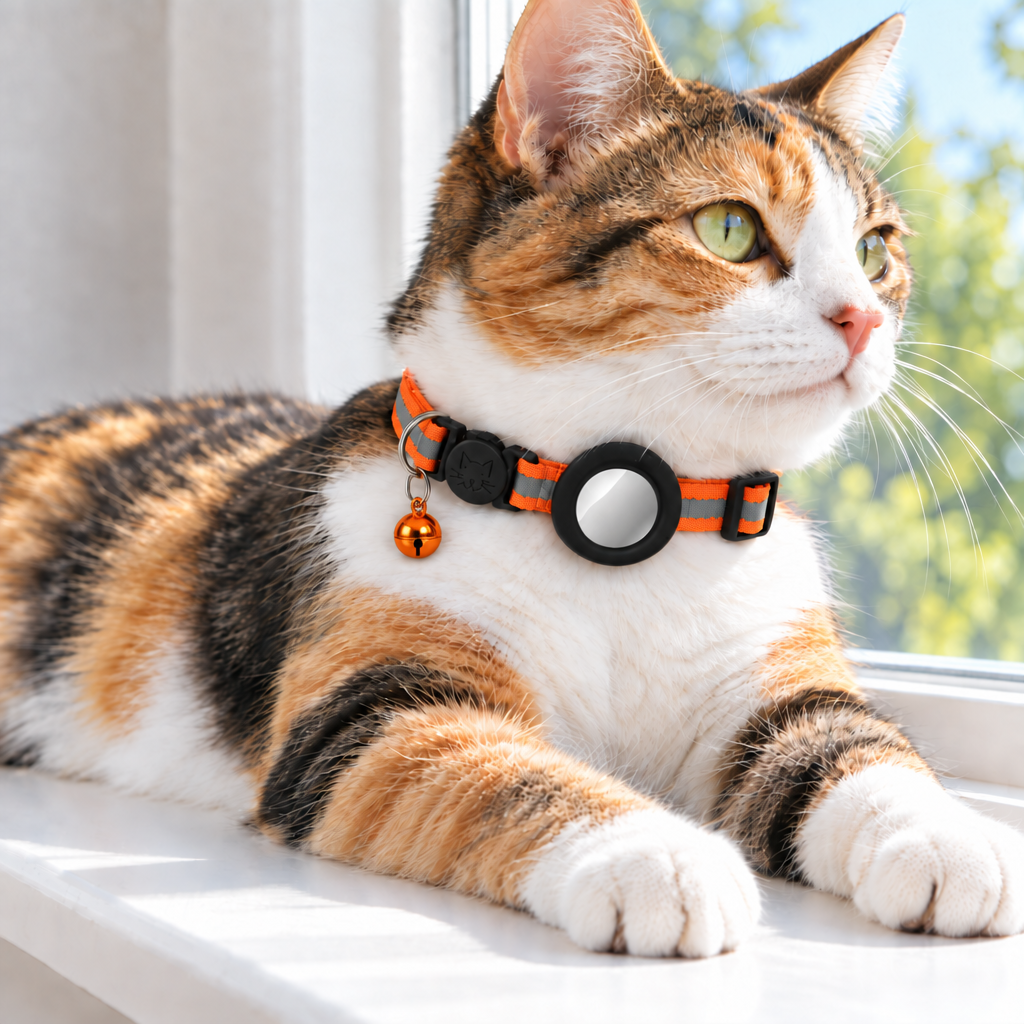 Calico cat, orange collar with metallic orange bell