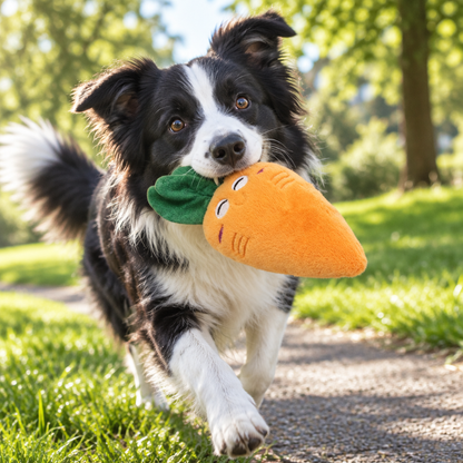 Carrot toy with a border collie at a park