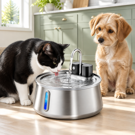 Cat drinking from the fountain with a dog beside it