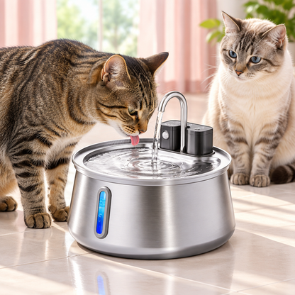 Cats using the stainless steel pet fountain in a sunlit home