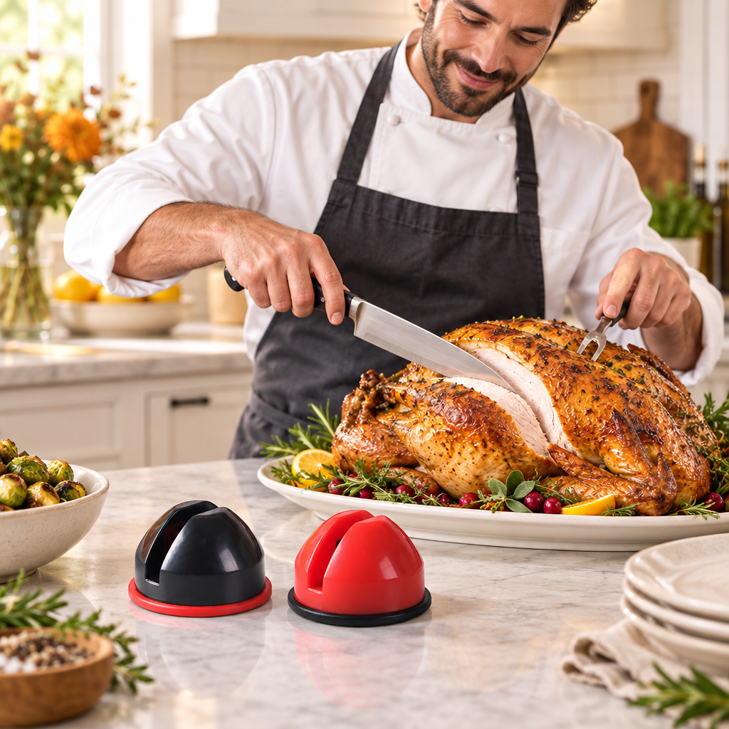 Chef carving a roasted turkey with both knife sharpener variants nearby