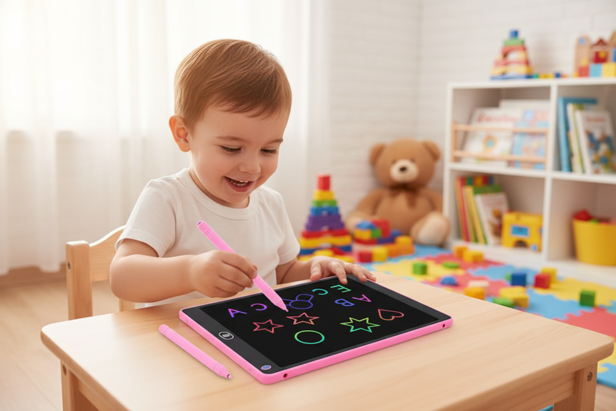 Child using LCD writing tablet drawing board