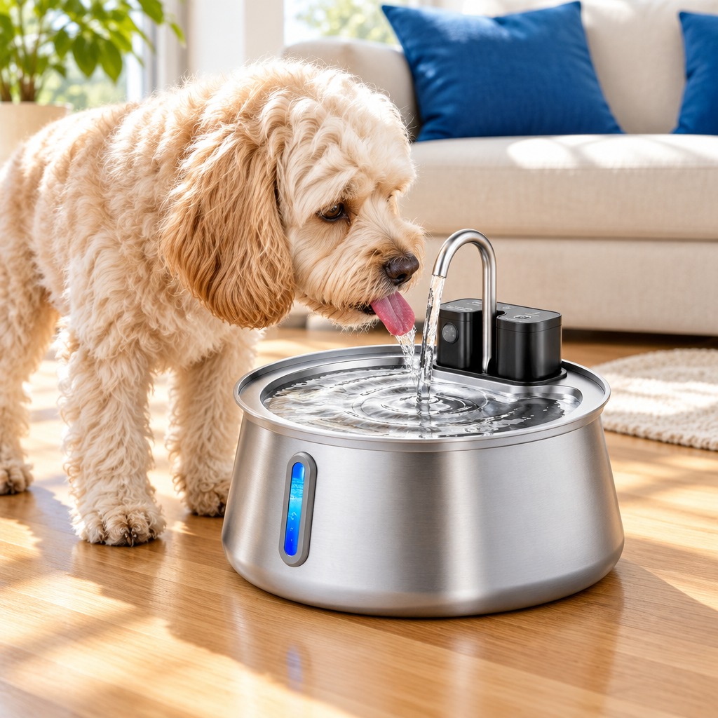 Cockapoo drinking from the stainless steel fountain