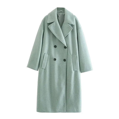 Lapel Women Straight Overcoat Casual Double-Breasted Office Ladies Long Coat 2022 Autumn Winter Solid Female Streetwear Coats