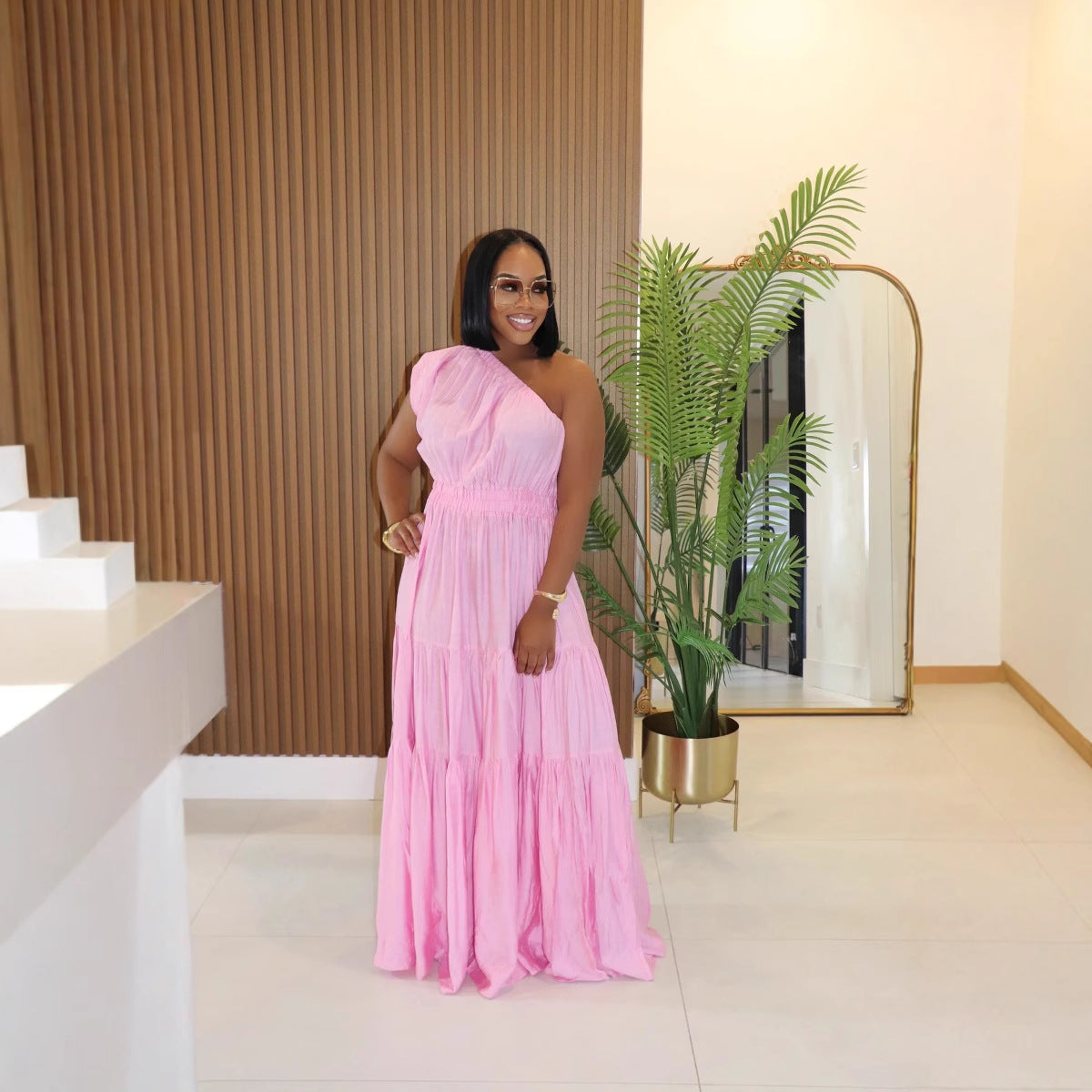 Linen Slanted Shoulder Maxi Dress
