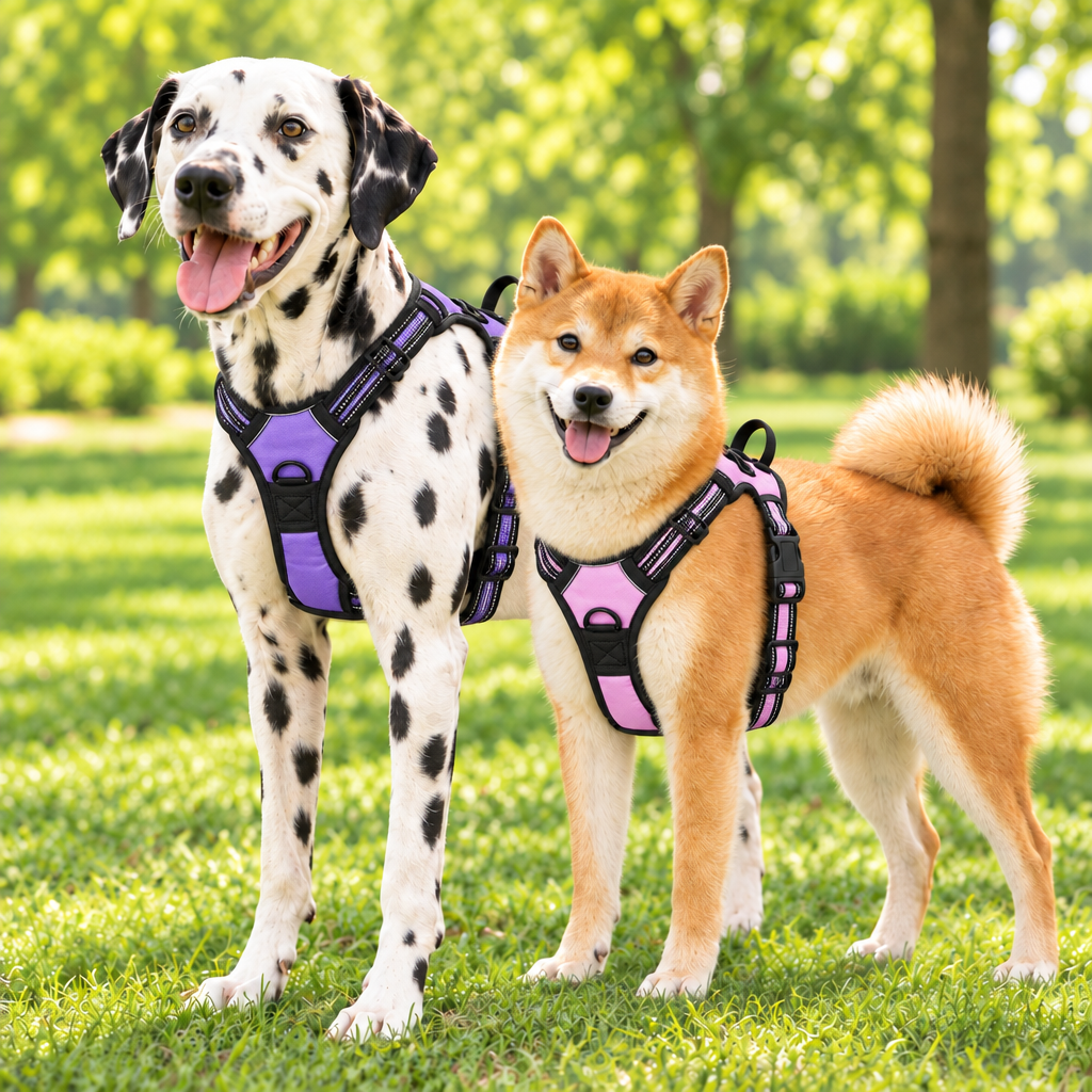 Dalmatian and Shiba Inu with corrected front harness designs