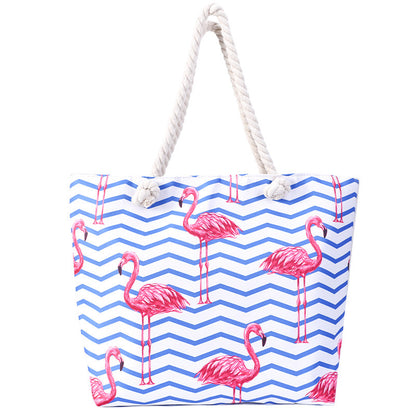 Flamingo Print Canvas Beach Tote Bag