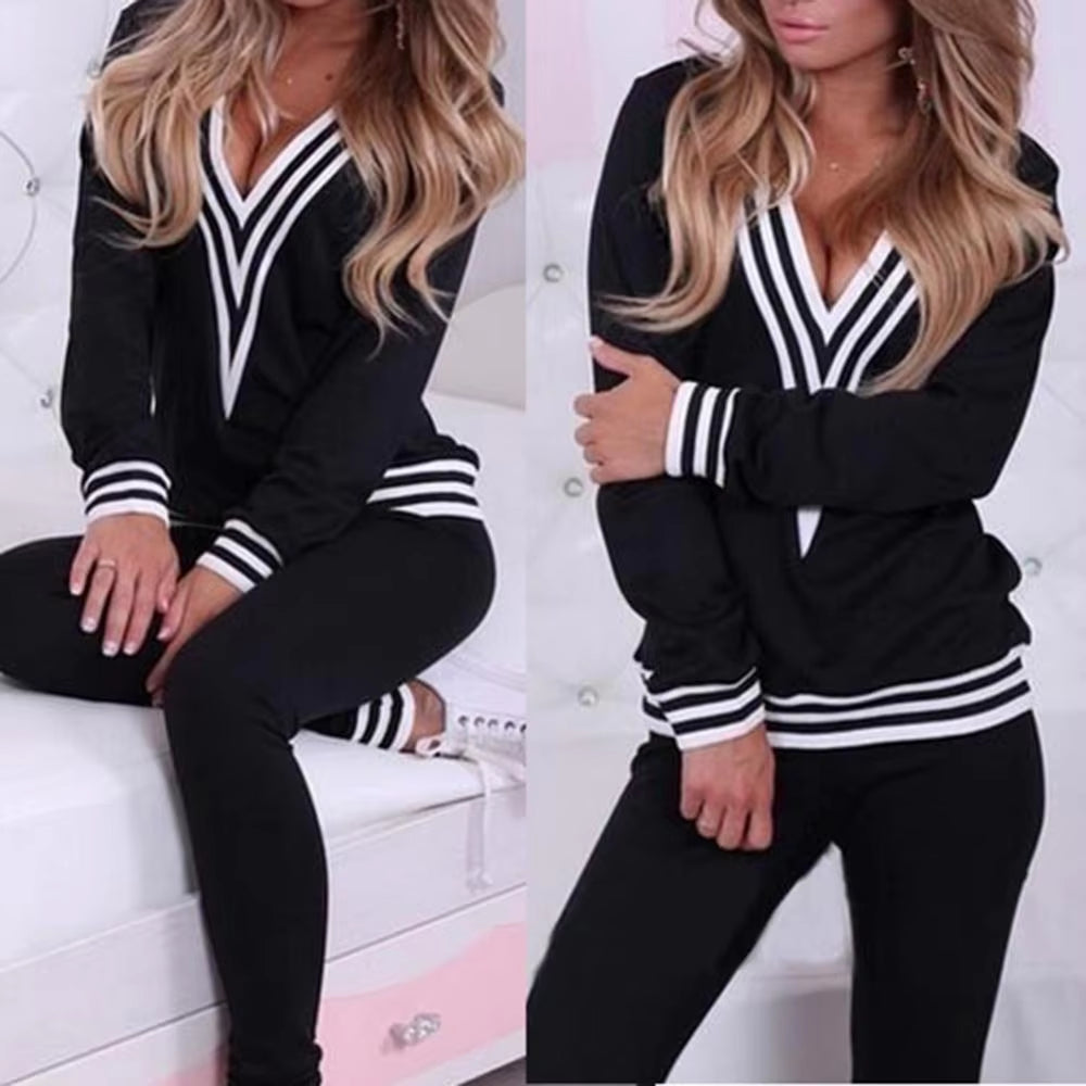 40%HOT 2 Pieces/Set Women'S Casual Striped Hem V-Neck Sweatshirt Pants Cotton Sportswear Ladies Gym Suit